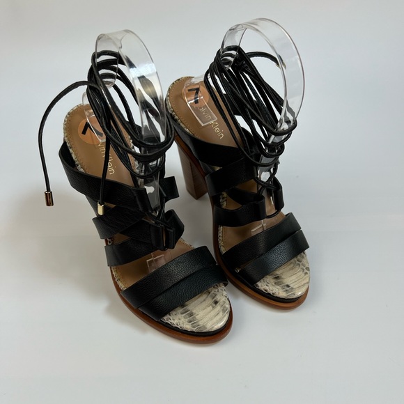 Calvin Klein Penelope Black Leather Strappy Lace-Up Block Heel Sandals 7 - Picture 6 of 14